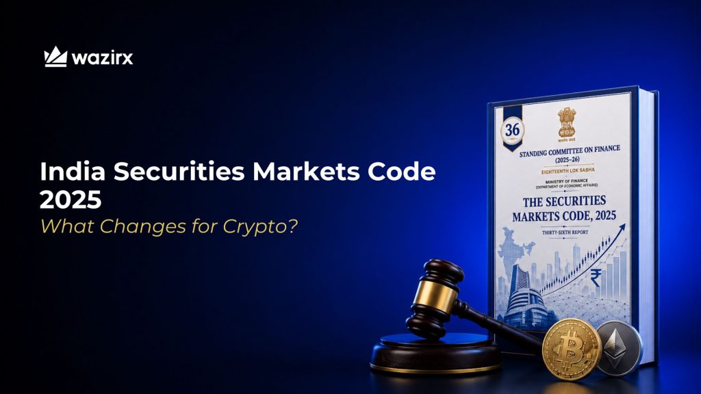 Illustration for India Securities Markets Code 2025 crypto report showing a legal gavel and the report document